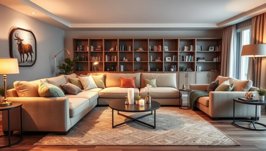A cozy living room decorated in a beautiful L-shape, showcasing warm, inviting colors like soft beige, muted greens, and subtle earth tones. In the foreground, a plush, oversized sofa adorned with colorful cushions invites relaxation, while a textured rug adds warmth beneath. The middle of the image features a stylish coffee table with a few carefully placed decorative items, such as candles and small potted plants. The background showcases a calming wall of bookshelves filled with books and personal touches. Soft, ambient lighting emanates from elegant floor lamps, casting a gentle glow that enhances the overall cozy atmosphere of the room. The scene is captured from a slightly elevated angle, emphasizing the inviting layout and harmonious color palette, perfect for creating snug and intimate environments. A cozy living room decorated in a beautiful L-shape, showcasing warm, inviting colors like soft beige, muted greens, and subtle earth tones. In the foreground, a plush, oversized sofa adorned with colorful cushions invites relaxation, while a textured rug adds warmth beneath. The middle of the image features a stylish coffee table with a few carefully placed decorative items, such as candles and small potted plants. The background showcases a calming wall of bookshelves filled with books and personal touches. Soft, ambient lighting emanates from elegant floor lamps, casting a gentle glow that enhances the overall cozy atmosphere of the room. The scene is captured from a slightly elevated angle, emphasizing the inviting layout and harmonious color palette, perfect for creating snug and intimate environments.