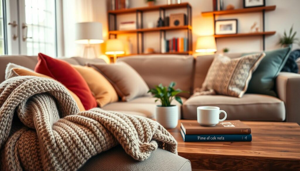 A cozy living room with soft, warm lighting and neutral tones, featuring a plush sofa adorned with colorful throw pillows. In the foreground, a textured knitted blanket drapes over the arm of the sofa, inviting comfort. A wooden coffee table displays a few stylish books and a steaming mug of tea. In the middle, a potted indoor plant adds a touch of greenery, while a gentle glow from decorative lamps creates an inviting ambiance. In the background, shelves lined with books and simple decor pieces hint at a personal touch. The atmosphere should feel relaxed and welcoming, ideal for leisurely afternoons spent indoors. This scene captures the essence of a comfortable and serene living space, perfect for relaxation. Uma sala de estar aconchegante com iluminação suave e tons neutros, apresentando um sofá macio adornado com almofadas coloridas