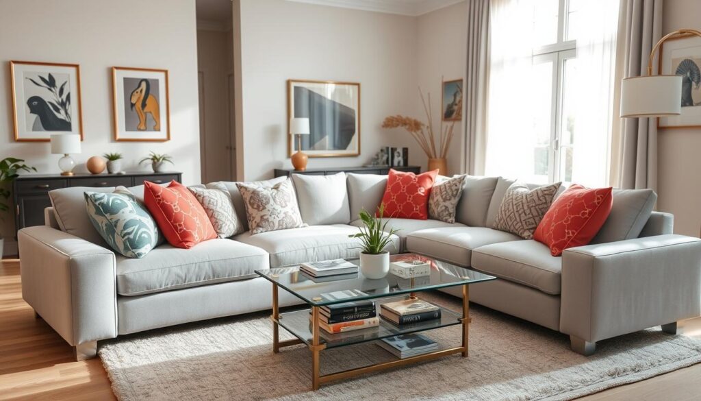A stylish living room showcasing an L-shaped sofa, designed with modern elegance in mind. The foreground features a plush, light gray L-shaped sofa adorned with vibrant, patterned cushions that add a pop of color. In the middle, a sleek glass coffee table holds a small plant and decorative books, enhancing the cozy atmosphere. The background features soft, neutral walls adorned with tasteful artwork and a large window allowing natural light to stream in, creating a warm and inviting ambiance. The scene is captured with a slightly angled view, highlighting the versatility of the L-shaped sofa as a functional and aesthetic centerpiece, perfect for both relaxation and social gatherings. The lighting is bright and airy, emphasizing the serene yet stylish mood of the space. A stylish living room showcasing an L-shaped sofa, designed with modern elegance in mind. The foreground features a plush, light gray L-shaped sofa adorned with vibrant, patterned cushions that add a pop of color. In the middle, a sleek glass coffee table holds a small plant and decorative books, enhancing the cozy atmosphere. The background features soft, neutral walls adorned with tasteful artwork and a large window allowing natural light to stream in, creating a warm and inviting ambiance. The scene is captured with a slightly angled view, highlighting the versatility of the L-shaped sofa as a functional and aesthetic centerpiece, perfect for both relaxation and social gatherings. The lighting is bright and airy, emphasizing the serene yet stylish mood of the space.
