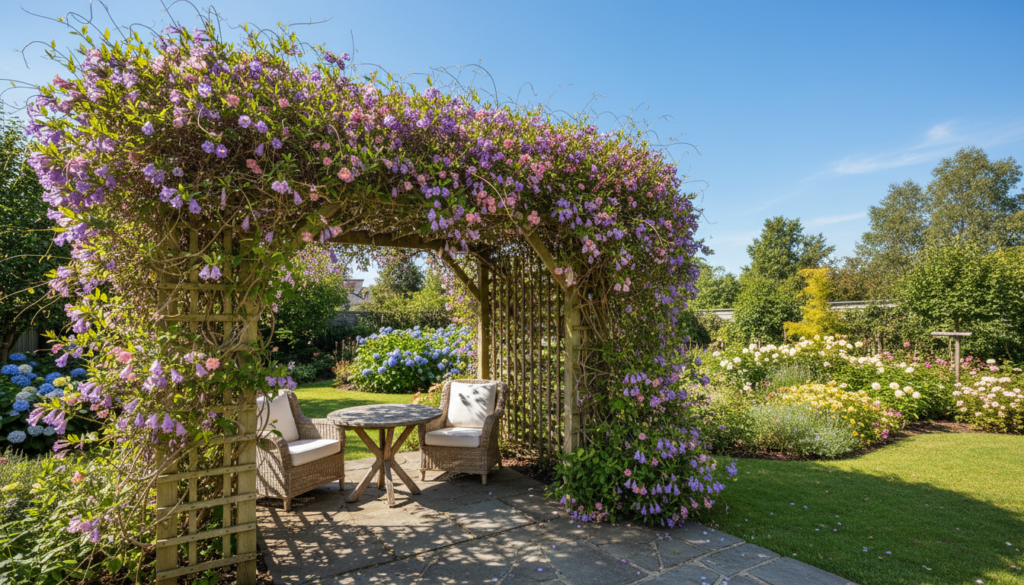 A vibrant backyard scene featuring a lush climbing plant (trepadeira) sprawling beautifully over a wooden trellis, casting dappled shadows on the ground below. In the foreground, the trellis is adorned with abundant green leaves and delicate flowers in hues of purple and pink, showcasing the rapid growth and natural elegance of the plant. In the middle ground, a cozy seating area with two stylish chairs and a small table is partially shaded by the trepadeira, inviting relaxation. The background reveals a well-maintained garden with various flowering plants and trees under a clear, sunny sky, enhancing the warm and inviting atmosphere. The image is captured with a wide-angle lens to emphasize the expanse of the garden and the play of light and shadows, evoking a serene and tranquil mood.