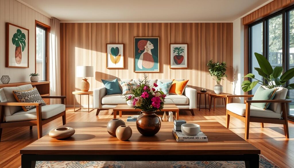 A warm and inviting living room transformation inspired by Brazilian design aesthetics. In the foreground, a stylish coffee table adorned with decorative objects and a vase of fresh flowers. The middle features a cozy sofa with colorful cushions, paired with modern armchairs, creating a harmonious seating area. Natural wood elements are present throughout, alongside Brazilian artwork on the walls. The background showcases large windows allowing soft, natural light to flood the room, enhancing a relaxed atmosphere. A subtle green indoor plant adds a touch of nature. The scene conveys a sense of inspiration and practicality for home improvement, emphasizing color, comfort, and elegant simplicity, all captured in vivid, realistic detail, with a balanced composition that appeals to a Brazilian audience. A warm and inviting living room transformation inspired by Brazilian design aesthetics. In the foreground, a stylish coffee table adorned with decorative objects and a vase of fresh flowers. The middle features a cozy sofa with colorful cushions, paired with modern armchairs, creating a harmonious seating area. Natural wood elements are present throughout, alongside Brazilian artwork on the walls. The background showcases large windows allowing soft, natural light to flood the room, enhancing a relaxed atmosphere. A subtle green indoor plant adds a touch of nature. The scene conveys a sense of inspiration and practicality for home improvement, emphasizing color, comfort, and elegant simplicity, all captured in vivid, realistic detail, with a balanced composition that appeals to a Brazilian audience.