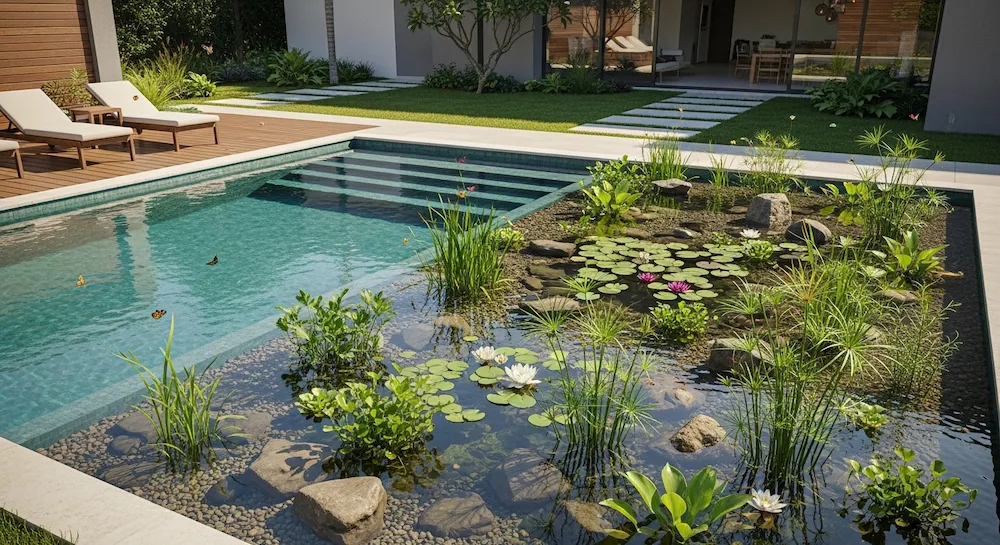 Sistema de filtragem natural de biopiscina com plantas aquáticas em quintal moderno de casa brasileira.