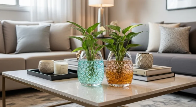 Sala decorada com mesa de centro e dois vasos de plantas com bolinhas de gel coloridas