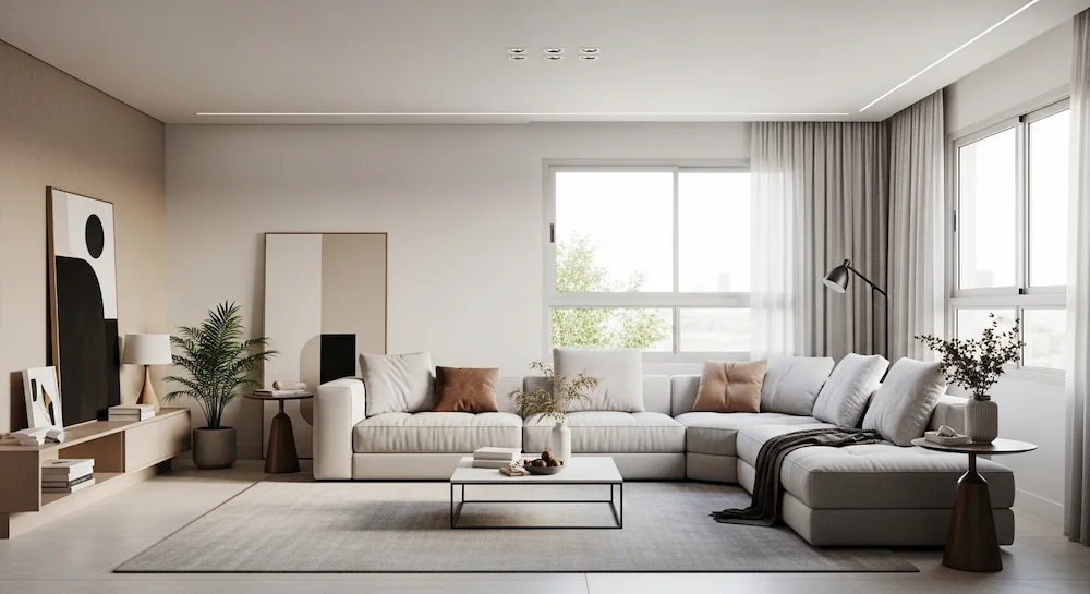 Sala em L moderna e minimalista com sofá em tons neutros e decoração clean.