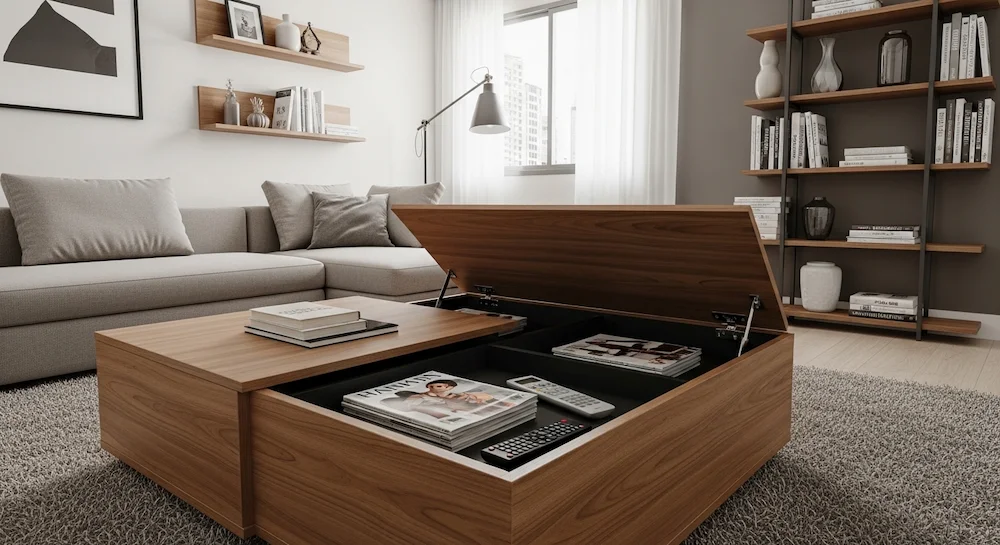 Sala em L organizada com mesa de centro com armazenamento interno e estantes na parede.