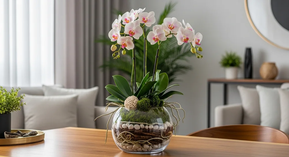 Orquídeas permanentes em vaso de vidro elegante sobre mesa de madeira moderna em sala decorada com estilo sofisticado.
