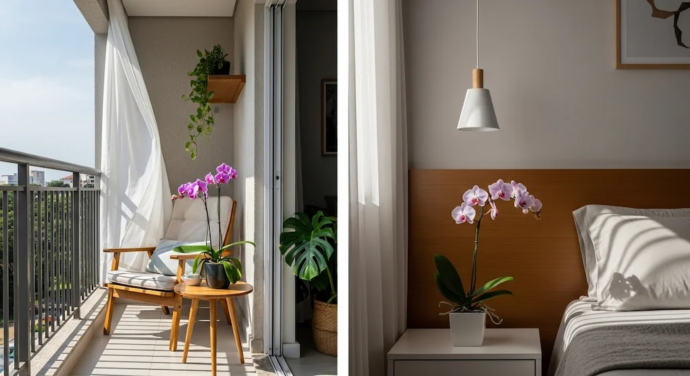 Decoração de varanda e quarto com orquídeas, mostrando plantas próximas à janela e ao lado de cadeira de leitura em ambiente brasileiro aconchegante.