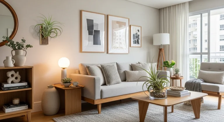 Tillandsia decorando parede e mesa em sala de apartamento moderno brasileiro com decoração elegante e elementos naturais.