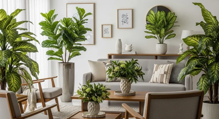 Sala moderna decorada com plantas artificiais realistas em vasos elegantes criando ambiente sofisticado.
