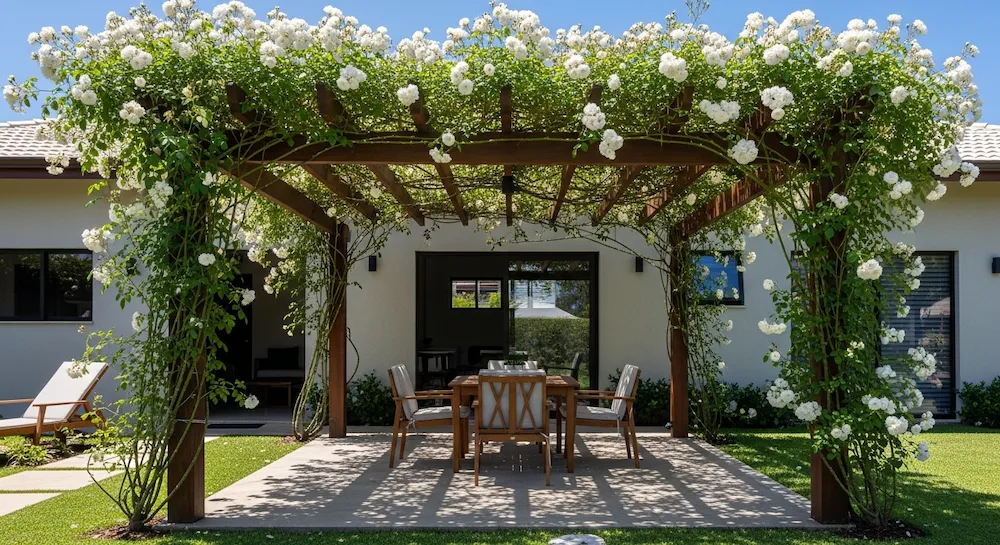 Roseira trepadeira Iceberg cobrindo pergolado em quintal brasileiro, formando sombra natural densa com flores brancas abundantes e folhagem vigorosa.