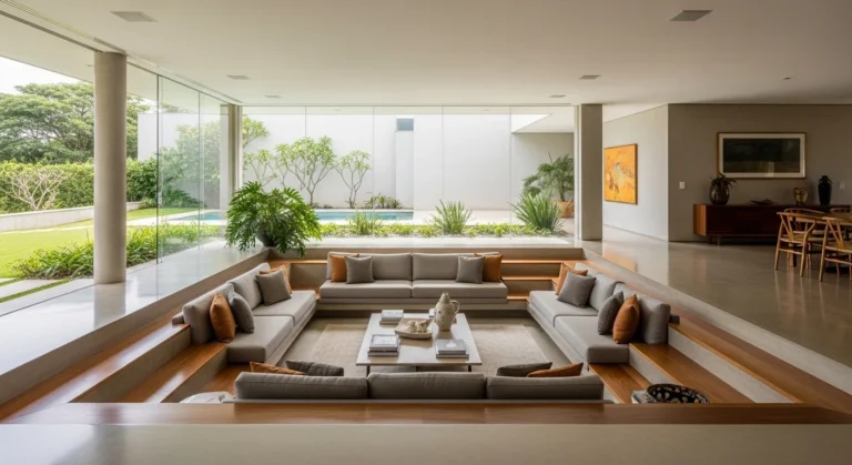 ala brasileira em estilo sunken com área rebaixada para sofá embutido, design moderno e iluminação natural abundante.