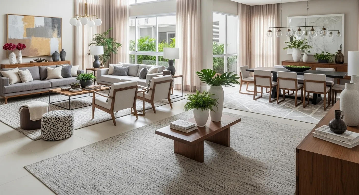 Sala integrada moderna com tapetes delimitando áreas de estar e jantar em decoração elegante.
