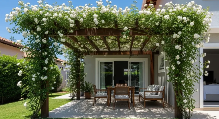 Trepadeiras cultivadas em vasos grandes na varanda e entrada de casa brasileira moderna, criando sombra natural, reduzindo calor e deixando a fachada mais acolhedora.