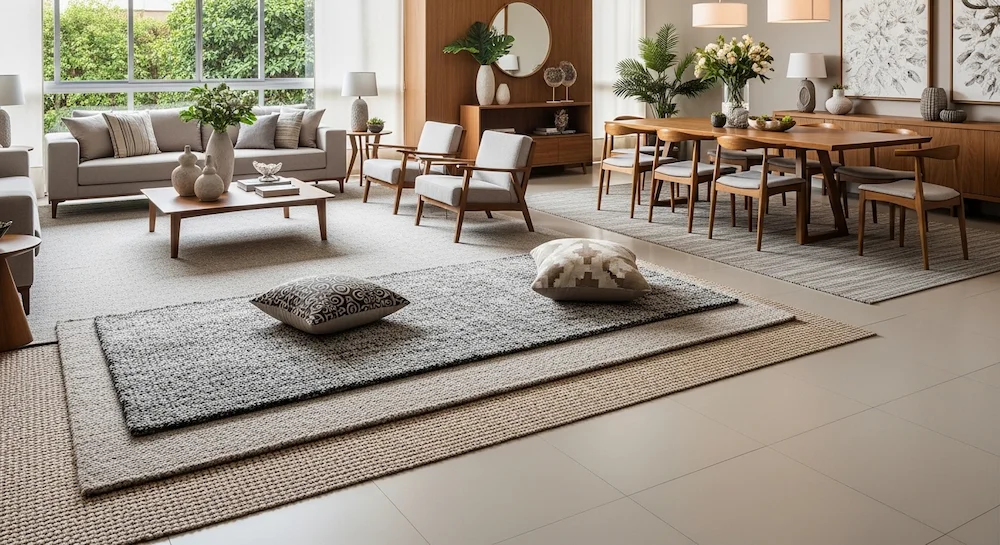 Sala integrada com tapetes sobrepostos delimitando área de estar e jantar em decoração moderna e sofisticada.