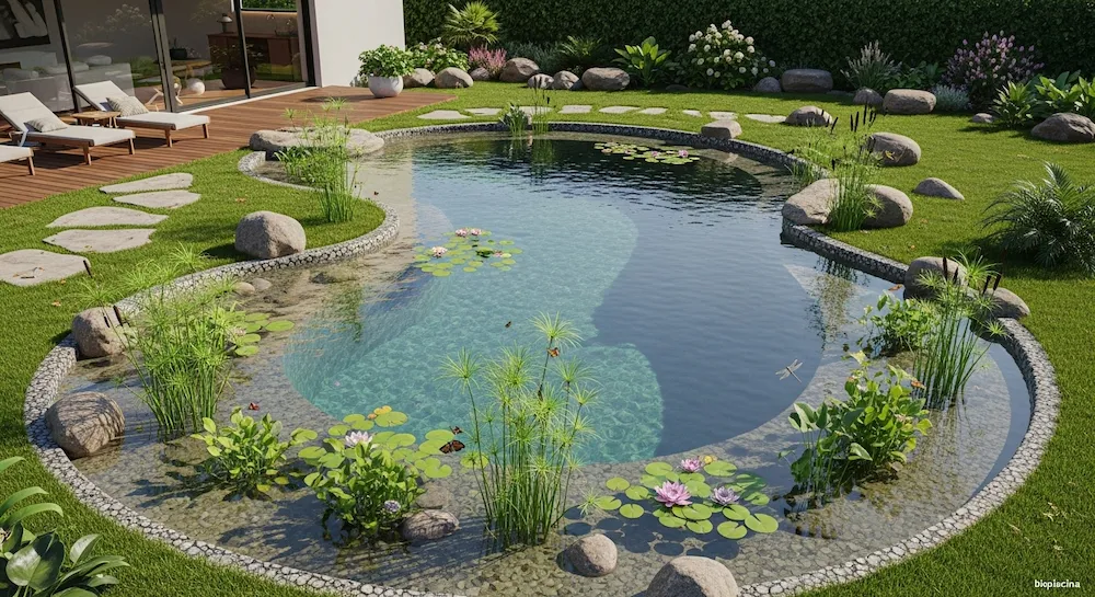 Biopiscina ecológica em formato natural em quintal moderno de casa brasileira integrada ao jardim com plantas aquáticas.