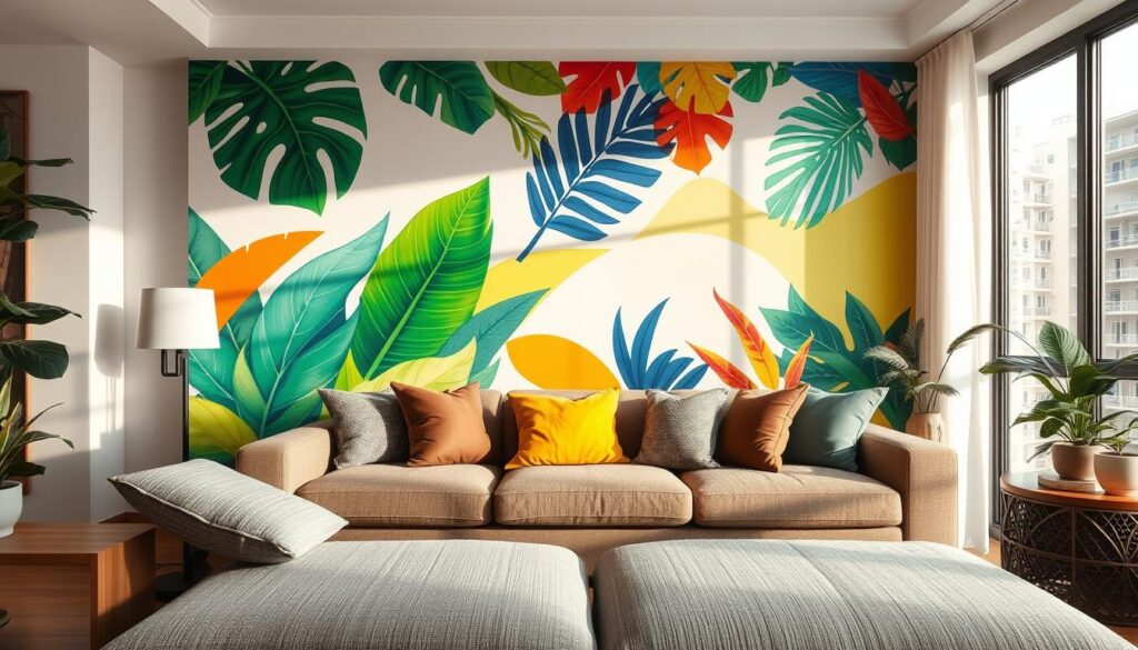 A beautifully decorated living room wall featuring a stunning mural of vibrant tropical foliage and colorful abstract shapes, showcasing a modern and lively atmosphere. In the foreground, a cozy couch with textured fabrics and decorative cushions invites relaxation. The middle layer includes the striking wall art, blending greens, blues, and bright yellows, creating a sense of movement and energy. In the background, soft natural light filters in through large windows, casting gentle shadows and highlighting the wall's details. The overall mood is inspiring and refreshing, perfect for encouraging creativity in home décor. The scene is rich in colors and textures, appealing to a Brazilian audience looking to enliven their spaces.