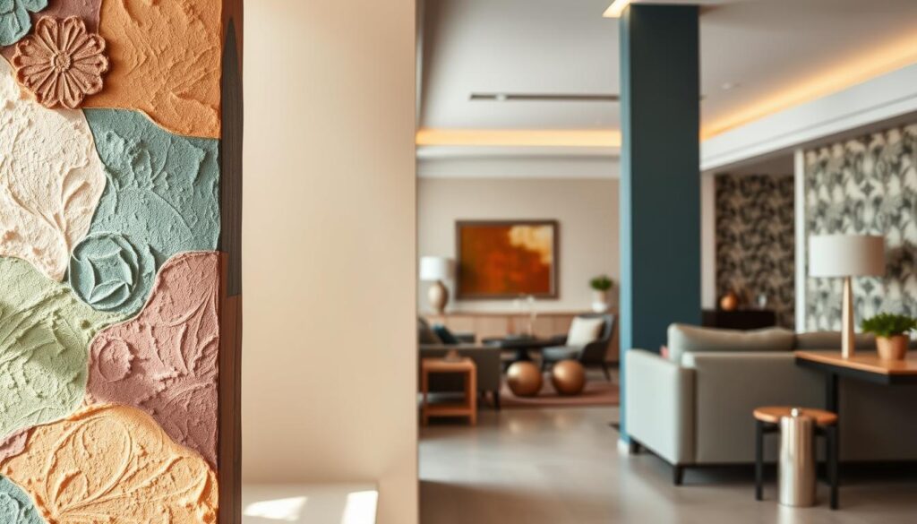 A beautifully designed interior space showcasing a variety of wall textures and paint styles that reflect modern Brazilian decor trends. In the foreground, a close-up of a textured wall featuring intricate patterns and vibrant colors, such as deep greens, rich terracotta, and soft pastels. In the middle ground, an elegant living area with accent walls painted in different hues, displaying a mix of matte and glossy finishes. The background features a stylishly decorated room with wallpaper that has geometric designs, adding depth and interest. Soft, natural light filters through a large window, highlighting the textures and colors, creating a warm and inviting atmosphere. The overall mood conveys creativity and contemporary style in home decoration.