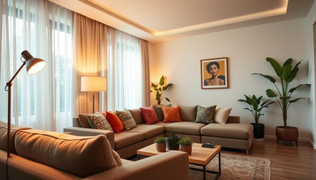 Uma sala de estar lindamente projetada em uma casa brasileira, com iluminação estratégica e decoração harmoniosa.