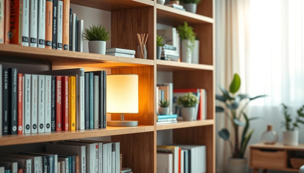 A beautifully organized bookshelf showcasing minimalist design, filled with neatly arranged books, decorative plants, and a few stylish accessories. In the foreground, a close-up view of wooden shelves featuring various book colors, some standing upright, others stacked horizontally. The middle layer includes a modern lamp casting soft, warm light, creating an inviting ambiance. In the background, a softly blurred living room scene with soft pastel colors and natural light streaming through a window, enhancing the serene atmosphere. Capturing the essence of practicality and minimalism, the image should evoke a sense of calm and order, ideal for promoting an organized space. Uma estante de livros lindamente organizada, exibindo um design minimalista, repleta de livros cuidadosamente dispostos, plantas decorativas e alguns acessórios elegantes.