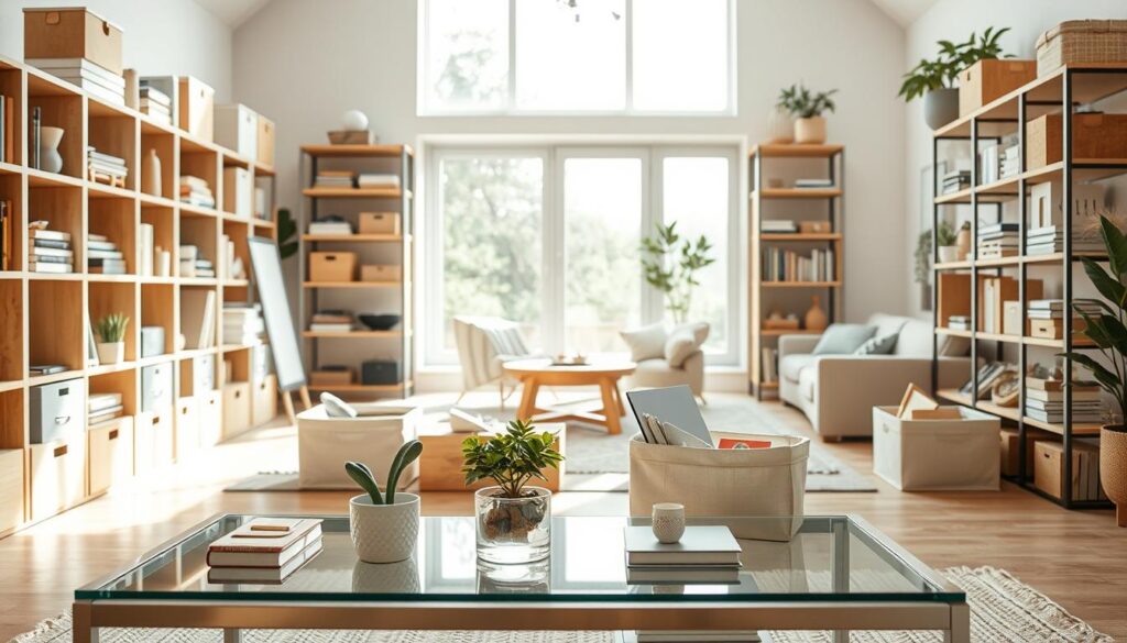 A bright and airy interior space featuring versatile organizational boxes in various sizes and shapes, arranged neatly on open shelves. The boxes are made of natural materials like wood and canvas, showcasing minimalist design that promotes tidy living. In the foreground, a stylish glass table displays a small potted plant and some decorative items, enhancing the clean aesthetic. The middle ground displays the organized boxes filled with items like books, toys, and office supplies, demonstrating their multifunctionality. The background offers a soft-focus view of a cozy living room with light streaming in from large windows, creating an inviting and tranquil atmosphere. The lighting is soft and natural, evoking a sense of warmth and order. Um espaço interior luminoso e arejado, com caixas organizadoras versáteis de vários tamanhos e formatos, dispostas ordenadamente em prateleiras abertas.