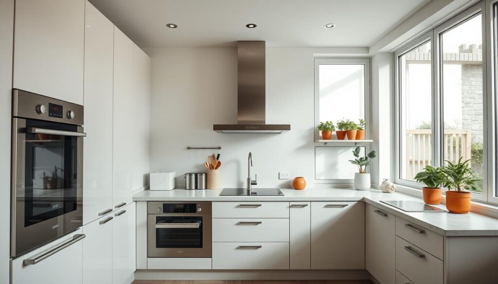 A comprehensive panorama of compact kitchen organization for a modern, minimalistic 2026 aesthetic. In the foreground, display sleek, integrated appliances seamlessly blending into cabinetry without visible surfaces, emphasizing a clutter-free environment. The middle ground features an organized countertop with neatly stored utensils, potted herbs on a stylish windowsill, and a bright, airy layout that promotes functionality. In the background, large windows let in soft, natural light, creating a warm atmosphere. Use a wide-angle lens to capture the entire space, focusing on clean lines and harmonious colors, such as muted whites, soft grays, and natural wood accents. The overall mood is one of tranquility and efficiency, appealing to the contemporary Brazilian audience who values stylish, organized living. Um panorama completo da organização de uma cozinha compacta para uma estética moderna e minimalista de 2026.