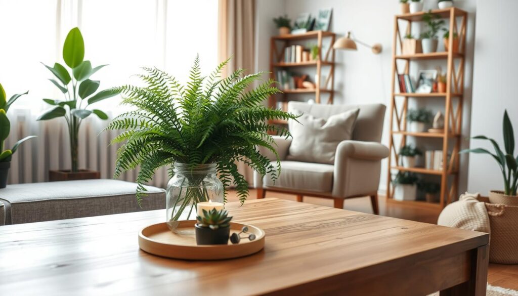 Uma sala de estar aconchegante e convidativa, com diversas plantas naturais estrategicamente posicionadas para decoração.