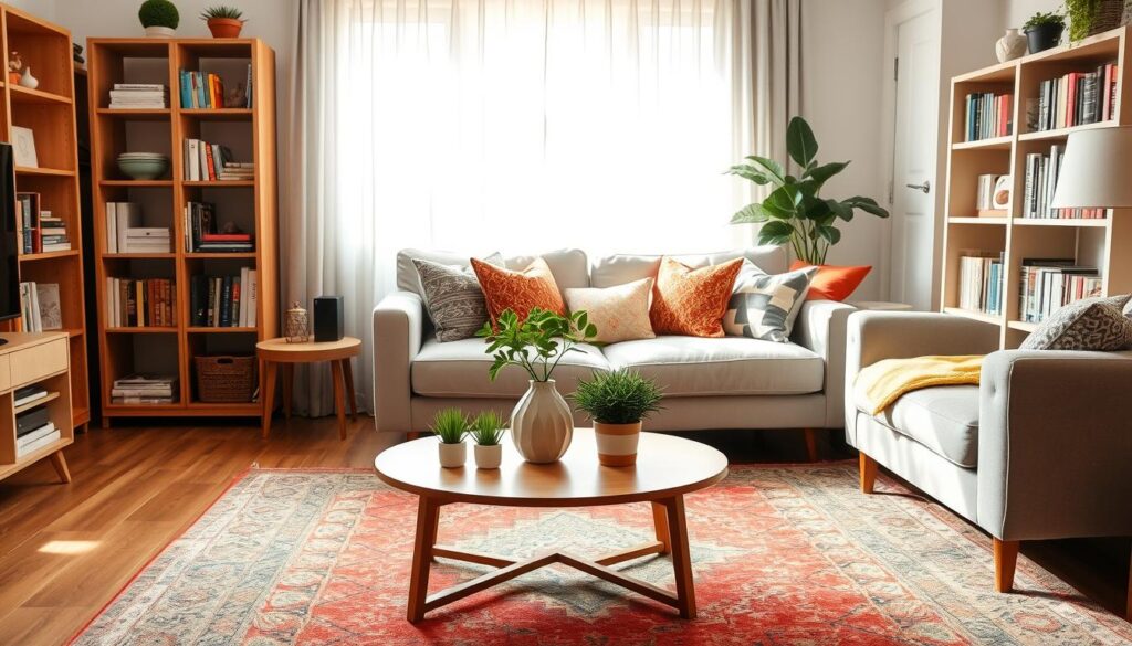 Uma sala de estar aconchegante e convidativa, transformada com ideias de decoração de baixo custo, apresenta uma composição elegante de móveis de segunda mão, almofadas vibrantes e uma estante de livros organizada com bom gosto.