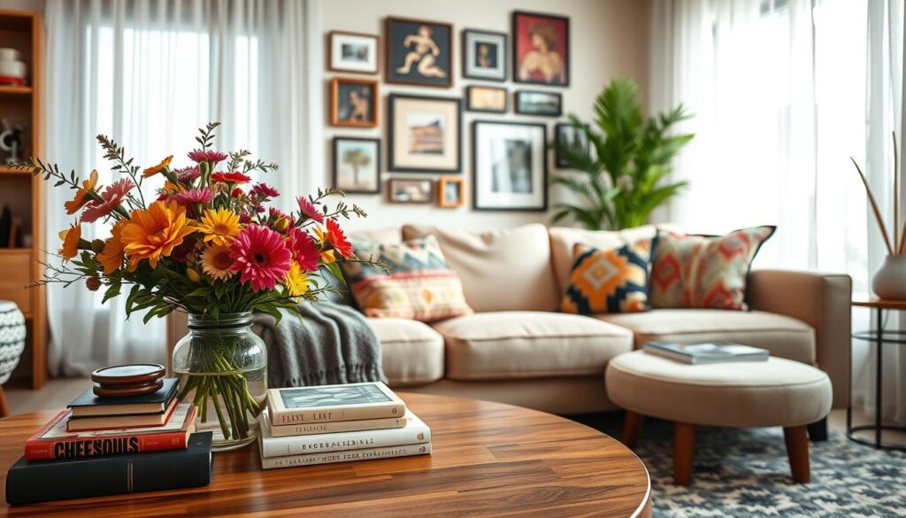 Uma sala de estar aconchegante e elegante, com elementos decorativos que adicionam personalidade, apresentando uma mistura de toques contemporâneos e vintage.