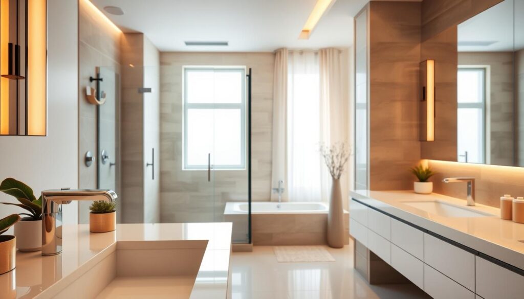A luxurious bathroom showcasing exquisite details and finishes. In the foreground, a sleek, modern sink with elegant fixtures and a polished countertop, paired with minimalistic decor like potted greenery. The middle ground includes a spacious shower stall with frameless glass doors, featuring stylish tiles in subtle earth tones. The background features a large, well-lit mirror with warm ambient lighting, creating a soothing atmosphere. Soft natural light filters in through a window adorned with light, airy drapes. Capture the essence of sophistication and minimalist design, with a focus on high-quality materials and thoughtful decorative touches that evoke a sense of tranquil luxury, appealing to a Brazilian audience.