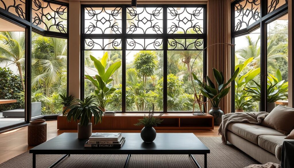 A modern Brazilian living room featuring sleek, innovative windows that seamlessly blend style and functionality. In the foreground, a minimalist coffee table with a stylish arrangement of plants and books. The middle ground showcases elegantly framed windows with intricate detailing, allowing natural light to flood the space, highlighting the seamless connection between indoor and outdoor environments. In the background, lush greenery is visible through the windows, enhancing the innovative design. The atmosphere is warm and inviting, emphasizing harmony between contemporary design and nature. Soft, diffused lighting creates a cozy feel, while capturing the beauty of modern architecture in a vibrant Brazilian setting.