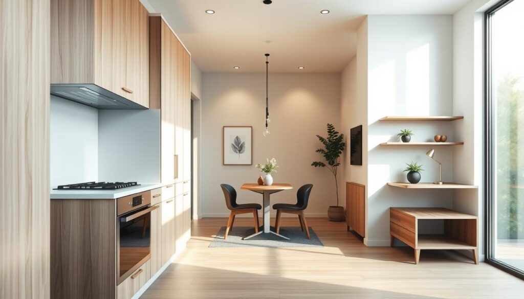 A modern, compact kitchen design featuring innovative, custom-built cabinetry with a minimalistic aesthetic. In the foreground, sleek, multifunctional appliances are seamlessly integrated into the cabinetry, maintaining an uncluttered look. The middle section showcases a stylish, small dining area with elegant, space-saving furniture, emphasizing functionality. The background features calming pastel-colored walls and natural light streaming in through a large window, creating a warm and inviting atmosphere. The scene is shot from a slightly elevated angle, using a wide lens to capture the entire space, promoting a sense of openness. The overall mood is fresh, contemporary, and organized, appealing to a Brazilian audience interested in compact yet stylish living solutions. Uma cozinha moderna e compacta com armários planejados inovadores e de estética minimalista.