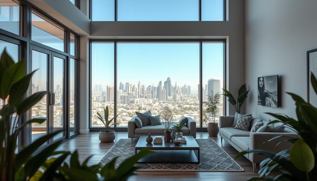 A modern interior design scene showcasing current trends in window styles for 2026. In the foreground, display stylish, energy-efficient windows with sleek frames and large glass panels, allowing natural light to flood the space. The middle ground features a contemporary living room adorned with minimalist furniture, accentuated by plants and decorative elements that reflect a blend of modern and traditional aesthetics. In the background, a bright city skyline can be seen through the windows, representing urban life. Use soft, warm lighting to create a welcoming atmosphere, with a focus on realism and high detail. The composition should evoke a sense of innovation and elegance, appealing to a discerning Brazilian audience.