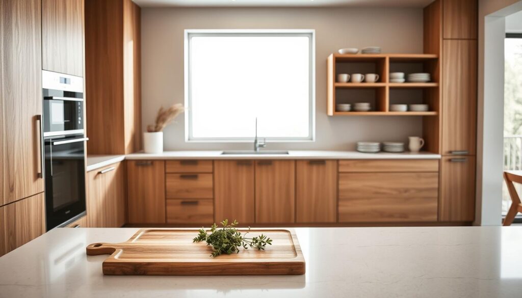 A modern kitchen designed with a minimalist aesthetic, showcasing a clean, clutter-free countertop devoid of traditional appliances. The focus is on sleek wooden cabinetry, exemplifying "integração soluções planejadas marcenaria," highlighting innovative storage solutions seamlessly integrated into the design. In the foreground, a simple but stylish wooden cutting board with fresh herbs is placed elegantly on the counter. The middle ground features an open shelving system displaying beautiful dishware, emphasizing organization and functionality. The background shows a large window allowing soft natural light to flood the space, creating a warm, inviting atmosphere. Capture this scene from a slightly elevated angle to provide a comprehensive view, enhancing the feeling of spaciousness and tranquility, appealing to a Brazilian audience seeking modern, minimalistic lifestyle choices. Uma cozinha moderna com estética minimalista, apresentando uma bancada limpa e organizada, livre de eletrodomésticos tradicionais.