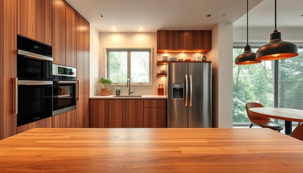 A modern kitchen showcasing sleek integration of appliances with custom cabinetry, highlighting a minimalistic design trend for 2026. In the foreground, a polished wooden countertop seamlessly blends with built-in appliances, such as an oven and refrigerator, all hidden behind stylish cabinet doors. The middle ground features open shelves with artisanal kitchenware, enhancing the cozy yet sophisticated atmosphere. The background reveals soft ambient lighting illuminating the kitchen, with large windows allowing natural light to fill the space. Use a wide-angle lens perspective to capture the cohesiveness of design elements, emphasizing clean lines and an uncluttered look. The mood is warm and inviting, appealing to a contemporary Brazilian audience focused on functional aesthetics. Uma cozinha moderna que exibe a integração elegante de eletrodomésticos com armários planejados