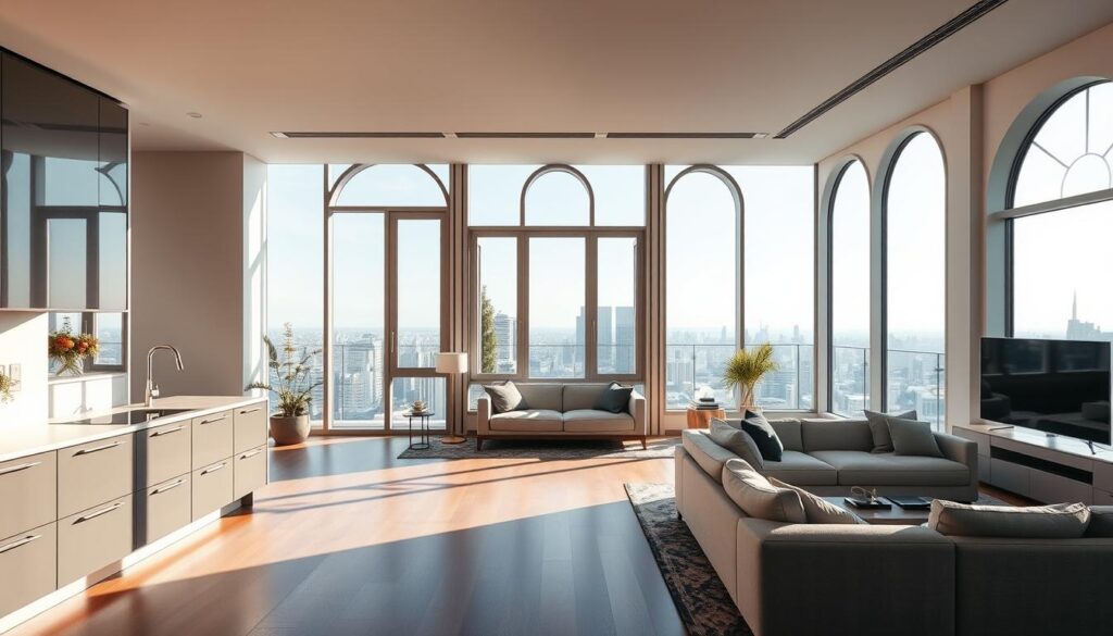 A modern living space showcasing a selection of five different styles of tall windows that are popular in 2026. In the foreground, an elegant kitchen with sleek cabinetry incorporates large, floor-to-ceiling windows allowing abundant natural light to flood in, highlighting the sophisticated design. In the middle, a cozy living room area contrasts with various window styles—ranging from minimalist frames to large arched designs—all artistically arranged to showcase their unique features. The background reveals a bright, open balcony with a stunning city skyline, emphasizing the high-rise environment. Soft, warm lighting creates an inviting atmosphere, while the angle captures the spaciousness of the room. The overall mood is modern and refined, aimed at a Brazilian audience interested in contemporary window design.