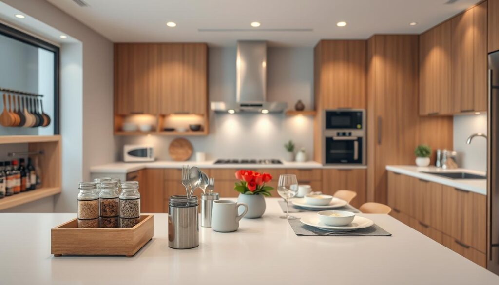 A modern, minimalist kitchen interior designed for efficiency and organization, showcasing a sleek countertop free of appliances. In the foreground, a well-organized spice rack and neatly arranged utensils highlight the benefits of an uncluttered space. The middle layer features a stylish table set for a family meal, emphasizing functionality and aesthetic appeal. The background contains soft, ambient lighting that enhances the warm earth tones of the cabinetry and countertops, creating an inviting atmosphere. The scene is captured from a slightly elevated angle, showcasing the openness and spaciousness of the kitchen. There are no human subjects present, ensuring a focus on the kitchen design. The image should evoke feelings of tranquility, simplicity, and everyday convenience for the Brazilian audience. Uma cozinha moderna e minimalista, projetada para eficiência e organização, com uma bancada elegante e livre de eletrodomésticos.