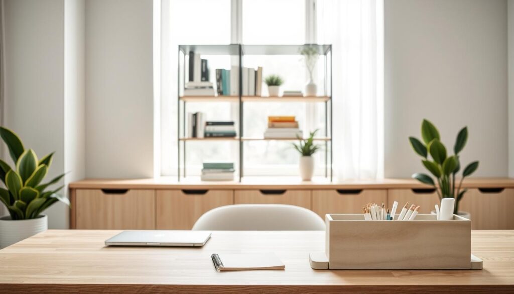 A serene and minimalist home office scene showcasing innovative space optimization techniques. In the foreground, a neatly organized desk displays a laptop, a notepad, and a sleek organizer, all made of light wood. The middle ground features open shelving displaying neatly stacked books and decorative plants, emphasizing a clutter-free aesthetic. The background reveals a bright window with soft, natural light pouring in, accentuating the warm color palette of light grays and soft whites. A potted snake plant sits in the corner, adding a touch of greenery. The mood is calm and inspiring, ideal for productivity and organization. The scene captures the essence of minimalism, conveying a sense of peace and focus in everyday routines. Um ambiente de escritório doméstico sereno e minimalista, que demonstra técnicas inovadoras de otimização de espaço.