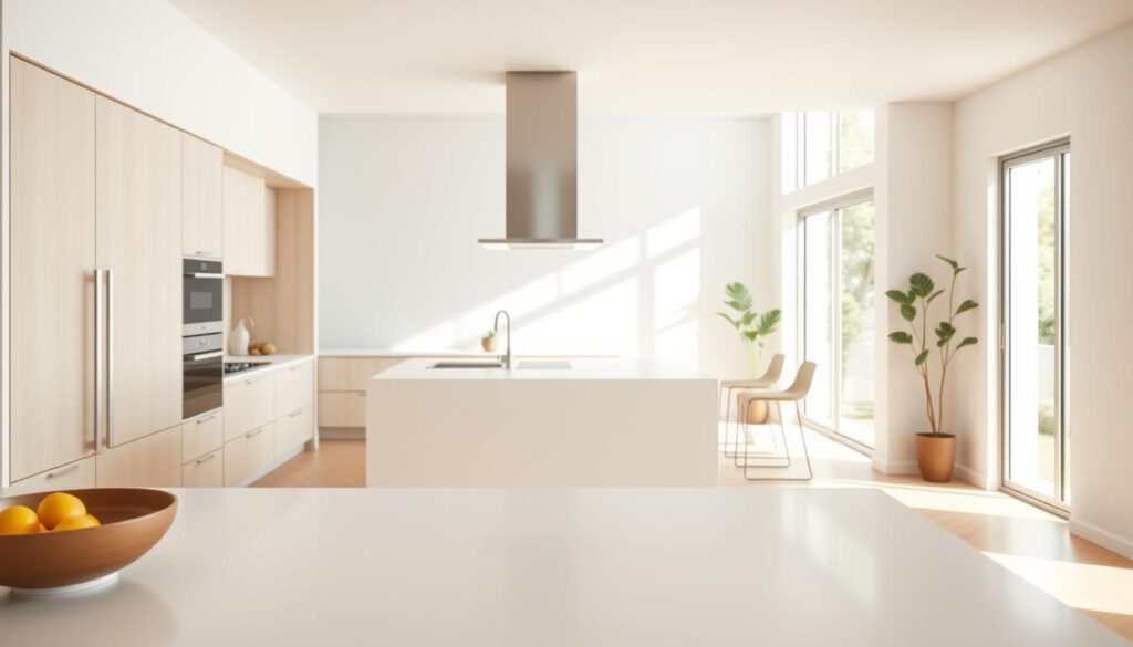 A sleek, minimalist integrated kitchen design that exemplifies 2026's trending aesthetic. The foreground features a pristine countertop devoid of appliances, showcasing a single stylish fruit bowl. In the middle, a streamlined island with subtle, elegant cabinetry presents a harmonious blend of form and function, while sleek bar stools invite casual dining. The background reveals large, bright windows allowing natural light to flood in, illuminating the soft hues of white and light wood finishes. The atmosphere is tranquil and uncluttered, embodying the essence of minimalism. Use warm, soft lighting to enhance the inviting feel, and capture the scene from a slightly elevated angle, highlighting the spaciousness and clean lines of the kitchen. This image should resonate with the Brazilian audience, featuring popular local design elements. Um design de cozinha integrada, elegante e minimalista, que exemplifica a estética tendência de 2026.