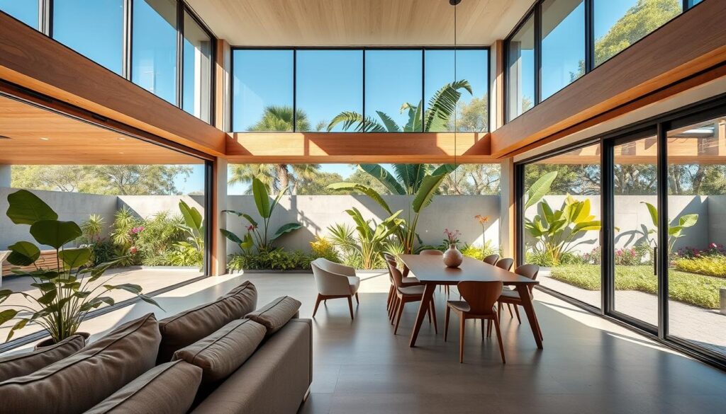 A spacious modern living room seamlessly blending interior and exterior spaces, featuring large floor-to-ceiling windows that invite abundant natural light. In the foreground, a stylish couch in neutral colors complements a vibrant indoor plant. The middle ground showcases a sleek wooden dining table with elegant chairs, all bathed in soft, warm lighting that creates a cozy atmosphere. Outside, a lush garden with tropical plants and flowers is visible, enhancing the connection to nature. The background reveals a clear blue sky, emphasizing openness and tranquility. The perspective is slightly low, providing an expansive view of the integration between indoor comfort and outdoor beauty, capturing a serene and inviting mood suitable for a contemporary Brazilian home.