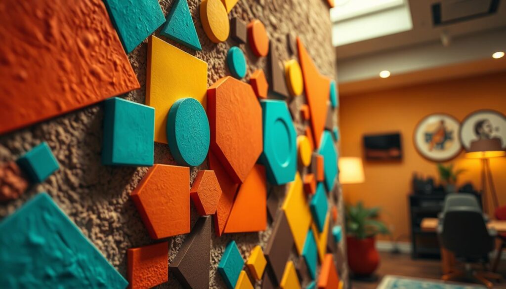 A vibrant 1970s-inspired wall decoration featuring geometric shapes in a variety of bold colors, such as orange, yellow, teal, and brown. The foreground showcases a textured wall with layered 3D patterns of triangles, circles, and squares, creating depth. The middle layer includes abstract forms overlapping, with shadows cast dramatically to enhance dimension. The background is softly blurred, suggesting a spacious room with warm, ambient lighting that evokes a nostalgic atmosphere. The overall composition feels lively and playful, perfectly capturing the spirit of the 70s while appealing to a contemporary audience. Use a wide-angle lens effect to emphasize the wall's features, ensuring it remains a focal point in the image. No text or logos.