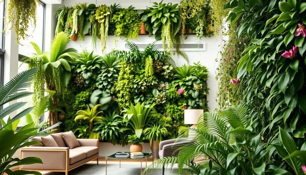 A vibrant indoor garden featuring a vertical wall adorned with lush green plants, showcasing a variety of species including ferns, succulents, and flowering vines. In the foreground, a stylish, modern living area with elegant furniture is framed by the vertical garden, creating a harmonious blend of nature and interior design. Soft, natural lighting filters in from a large window, enhancing the fresh, inviting atmosphere of the space. The background features light-colored walls that contrast with the greenery, adding to the lively feel. Capture a slightly angled view to emphasize depth, ensuring the lush plants draw the viewer's eye while also highlighting the contemporary decor elements, creating a sense of tranquility and vibrancy.