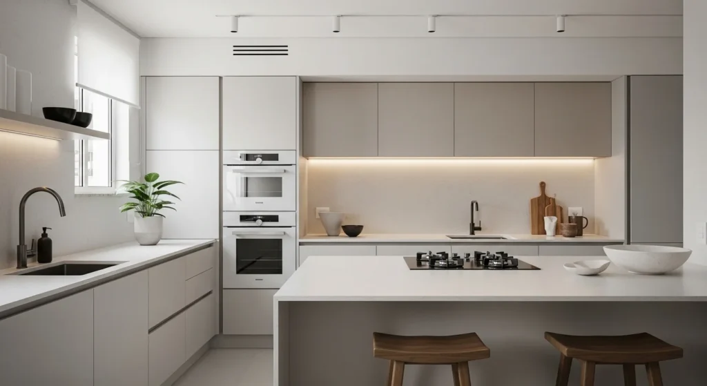 Cozinha minimalista com bancada limpa sem eletrodomésticos aparentes e design moderno.