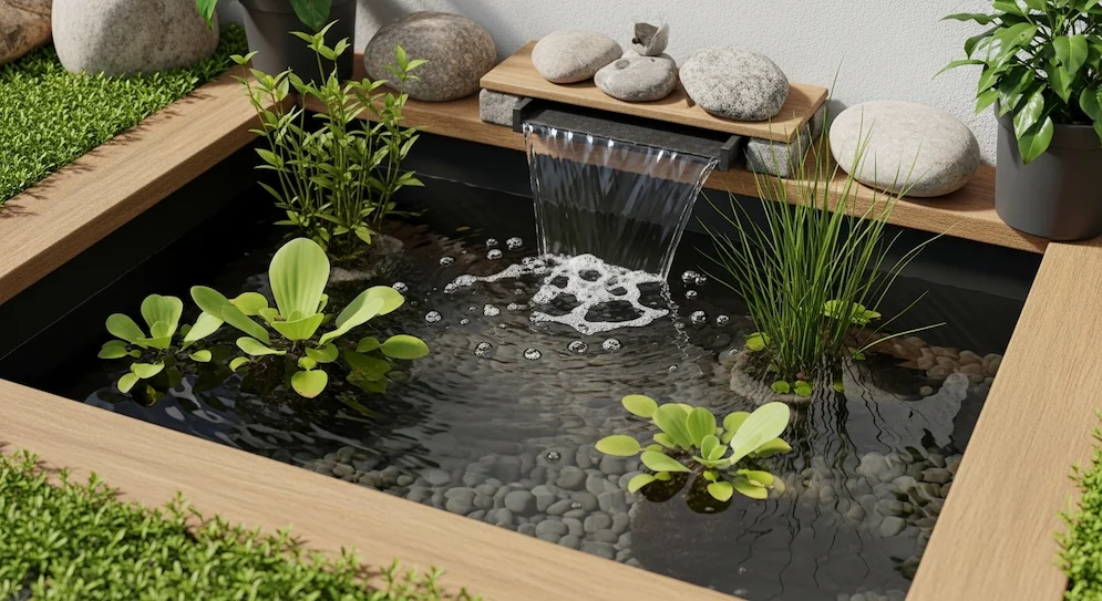 Mini jardim aquático com água em movimento e plantas em fonte decorativa para varanda ou quintal.