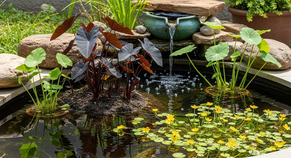Plantas aquáticas como inhame-preto, sombrinha-chinesa e papoula-do-brejo em jardim com água em movimento.
