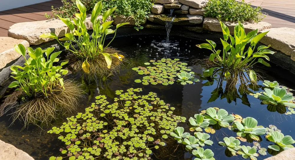Plantas aquáticas marginais, palustres e flutuantes em mini jardim com água em movimento.