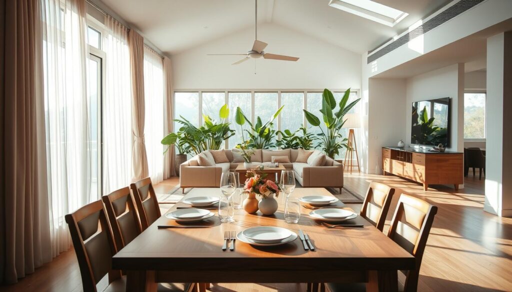 A bright, airy interior of a modern open-concept living space that embraces natural light. In the foreground, a stylish wooden dining table set for a meal, surrounded by elegant chairs, with sunlight streaming in through large windows adorned with sheer curtains. The middle layer features a cozy living area with a plush sofa and tasteful decor, illuminated by soft sunlight filtering through the glass. In the background, there are green indoor plants adding vibrancy and warmth to the space. The lighting creates a serene, inviting atmosphere that emphasizes the integration of indoor and outdoor elements. The image should have a wide-angle perspective to showcase the spaciousness and harmony of the design, with a focus on rich textures and natural colors that resonate with a Brazilian aesthetic. A bright, airy interior of a modern open-concept living space that embraces natural light. In the foreground, a stylish wooden dining table set for a meal, surrounded by elegant chairs, with sunlight streaming in through large windows adorned with sheer curtains. The middle layer features a cozy living area with a plush sofa and tasteful decor, illuminated by soft sunlight filtering through the glass. In the background, there are green indoor plants adding vibrancy and warmth to the space. The lighting creates a serene, inviting atmosphere that emphasizes the integration of indoor and outdoor elements. The image should have a wide-angle perspective to showcase the spaciousness and harmony of the design, with a focus on rich textures and natural colors that resonate with a Brazilian aesthetic.