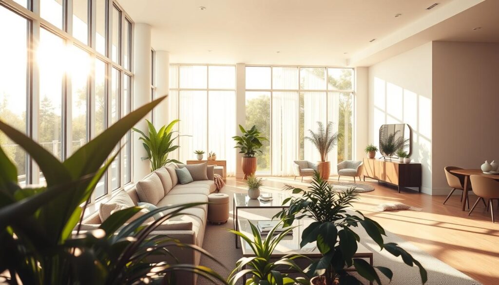 A bright, airy interior space showcasing the beauty of natural light filtering through large, floor-to-ceiling windows. The foreground features lush indoor plants and a comfortable, stylish seating area with a modern coffee table, creating an inviting atmosphere. The middle ground includes a well-decorated living room with soft textures, muted colors, and elegant furnishings, all bathed in warm sunlight. The background reveals soft shadows cast by the sun, enhancing the room's depth. The light should be soft and diffused, resembling a late afternoon glow, creating a serene and peaceful mood. Use a wide-angle lens to capture the entirety of the space, emphasizing the harmonious blend of indoor comfort and outdoor vibrancy. No human subjects are included in the scene. A bright, airy interior space showcasing the beauty of natural light filtering through large, floor-to-ceiling windows. The foreground features lush indoor plants and a comfortable, stylish seating area with a modern coffee table, creating an inviting atmosphere. The middle ground includes a well-decorated living room with soft textures, muted colors, and elegant furnishings, all bathed in warm sunlight. The background reveals soft shadows cast by the sun, enhancing the room's depth. The light should be soft and diffused, resembling a late afternoon glow, creating a serene and peaceful mood. Use a wide-angle lens to capture the entirety of the space, emphasizing the harmonious blend of indoor comfort and outdoor vibrancy. No human subjects are included in the scene.