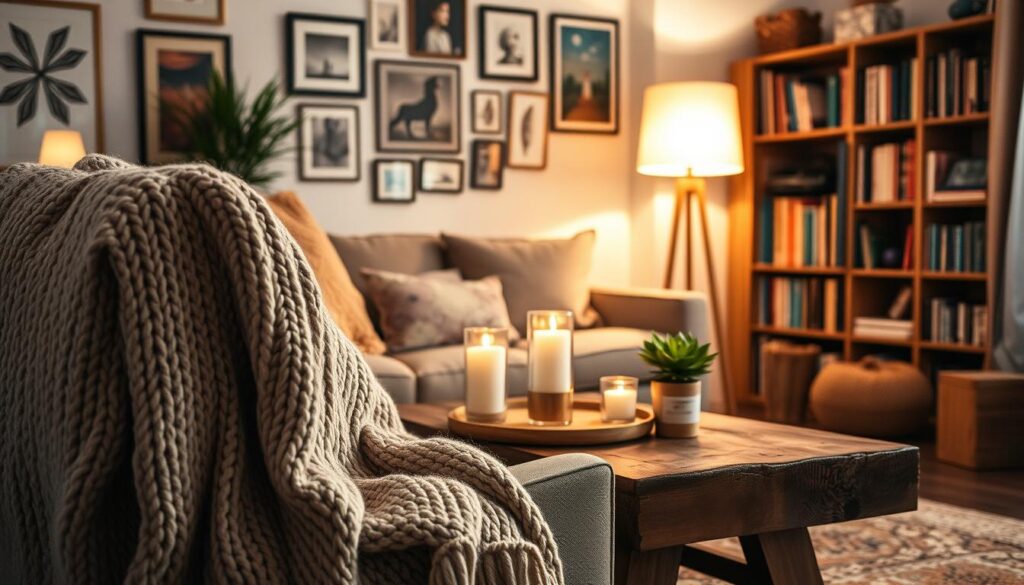 A cozy living room adorned with decorative elements that inspire warmth and comfort. In the foreground, a plush, textured blanket draped over a stylish armchair, with a large knitted pillow nearby. The middle features a rustic wooden coffee table, embellished with a few scented candles and a small potted plant, adding a touch of greenery. Behind, soft, inviting lighting emanates from a vintage floor lamp, casting a warm glow throughout the room. The background includes a wall adorned with art prints and a bookshelf filled with an array of colorful books. The atmosphere is inviting and tranquil, perfect for a chilly day, emphasizing the beauty of simple, thoughtful decor. The scene captures a modern Brazilian aesthetic with a hint of rustic charm.