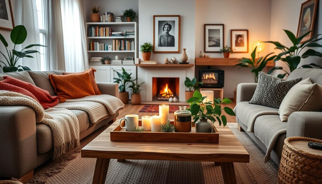 A cozy living room designed for a Brazilian audience, featuring inviting elements that enhance comfort. In the foreground, a plush sofa adorned with warm, textured blankets and colorful cushions. A handwoven rug beneath the coffee table adds warmth. In the middle, a wooden coffee table topped with scented candles and a steaming mug, surrounded by lush indoor plants. The background displays softly lit bookcases filled with books, framed artwork, and a fireplace that emits a gentle glow. Natural light filters through sheer curtains, casting a warm ambiance. The scene evokes a sense of tranquility, perfect for chilly weather, emphasizing relaxation and homeliness. Use a soft focus lens to enhance the cozy feeling.