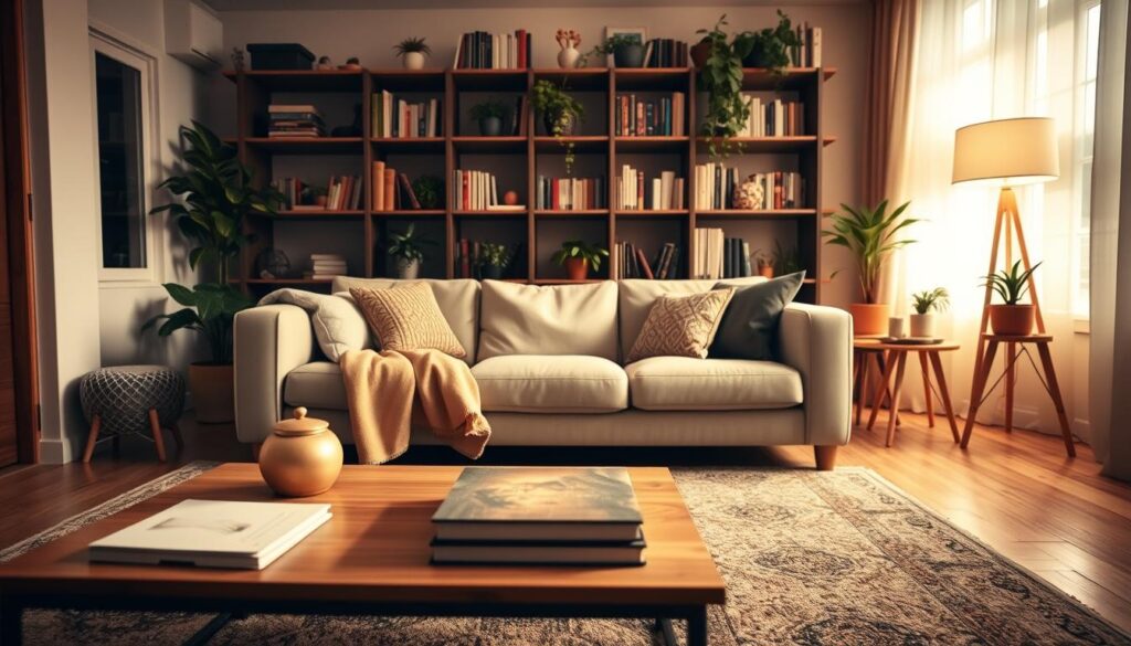 A cozy living room designed for safety and warmth, showcasing an organized space. In the foreground, a neatly arranged coffee table adorned with a few decorative items, books, and a warm, inviting throw blanket. The middle section features a soft, plush sofa with coordinating cushions, positioned thoughtfully to encourage conversation. A stylish area rug adds warmth underfoot. The background reveals a well-organized bookshelf filled with books and plants, providing a touch of greenery. Soft, ambient lighting bathes the room, creating a snug atmosphere. The scene captures a serene evening mood, evoking feelings of comfort and safety, perfect for a family gathering. The angle is from a slightly elevated viewpoint, providing a comprehensive view of the organized and welcoming space.